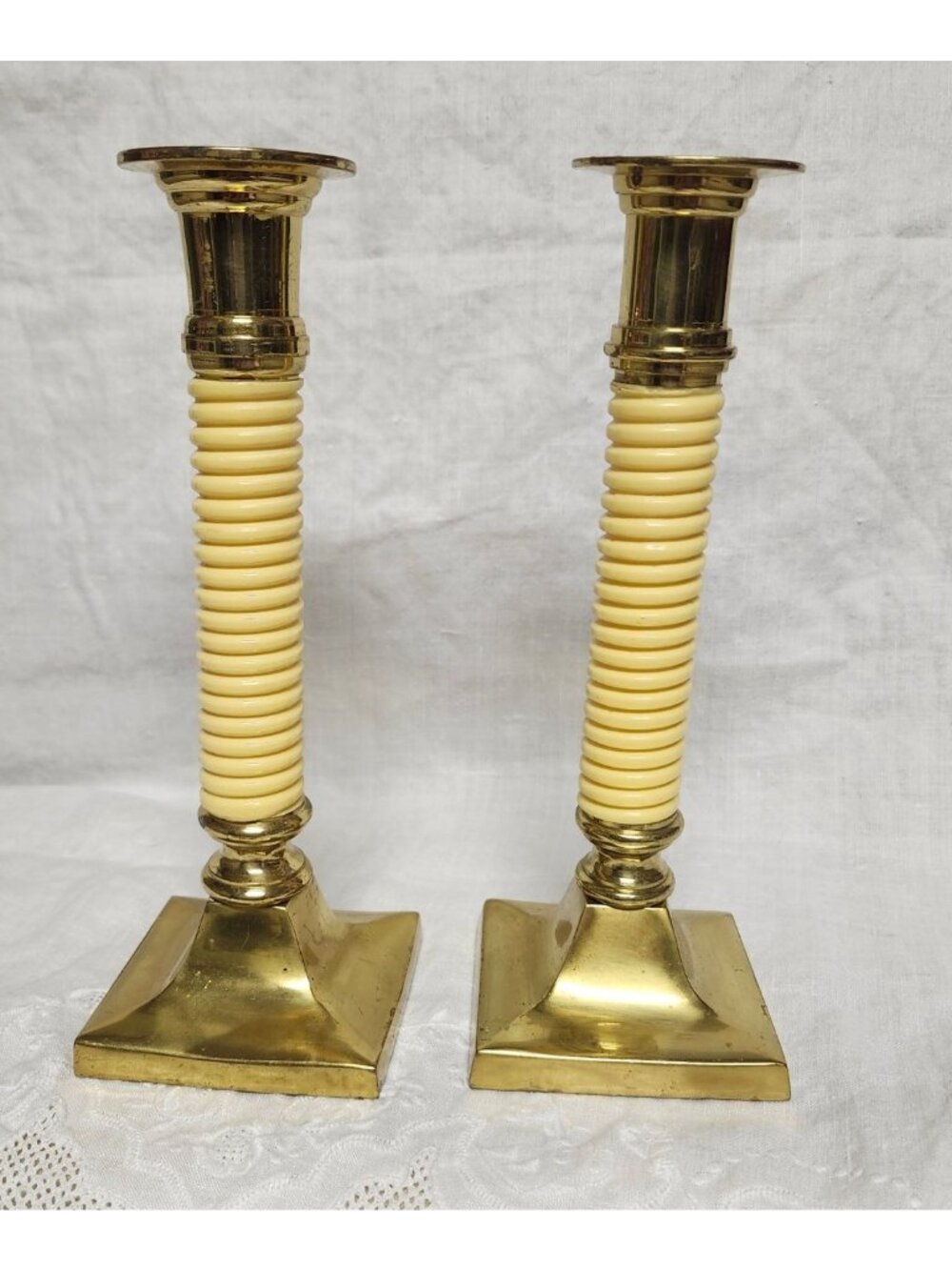 Vintage MCM Brass & Celluloid Candlestick Holders 8" Tall Elegant Design - Picture 2 of 8